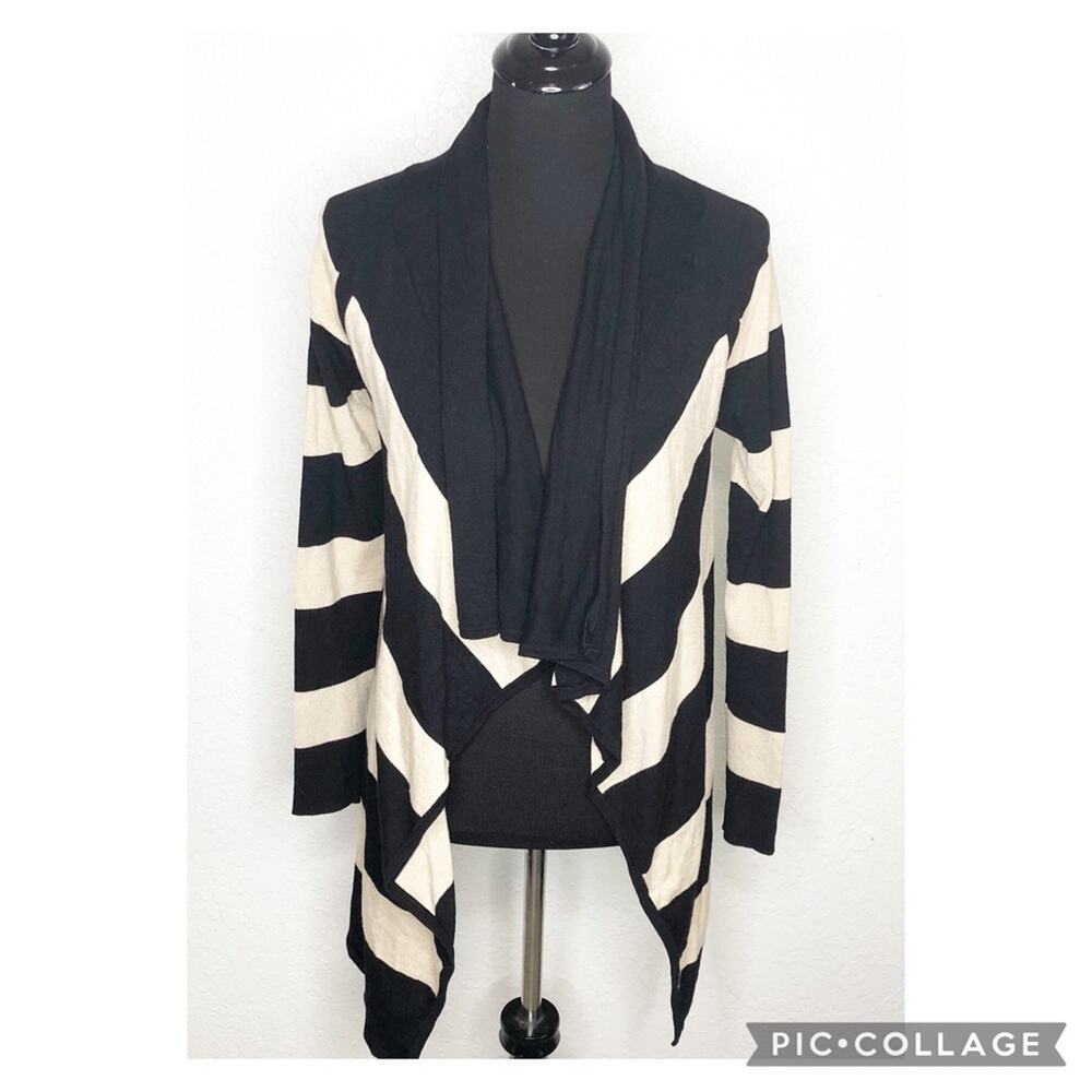 WHBM black tan striped open front waterfall cardigan size Small